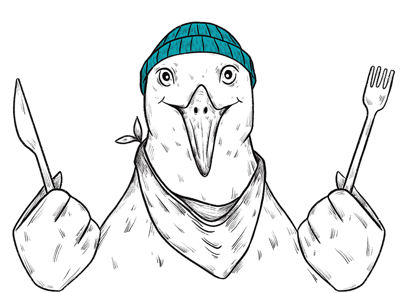 Eine gezeichnete Möwe trägt eine blaue Mütze und ein Halstuch. Sie hält ein Messer in der rechten und eine Gabel in der linken Flosse. Der Hintergrund ist weiß.