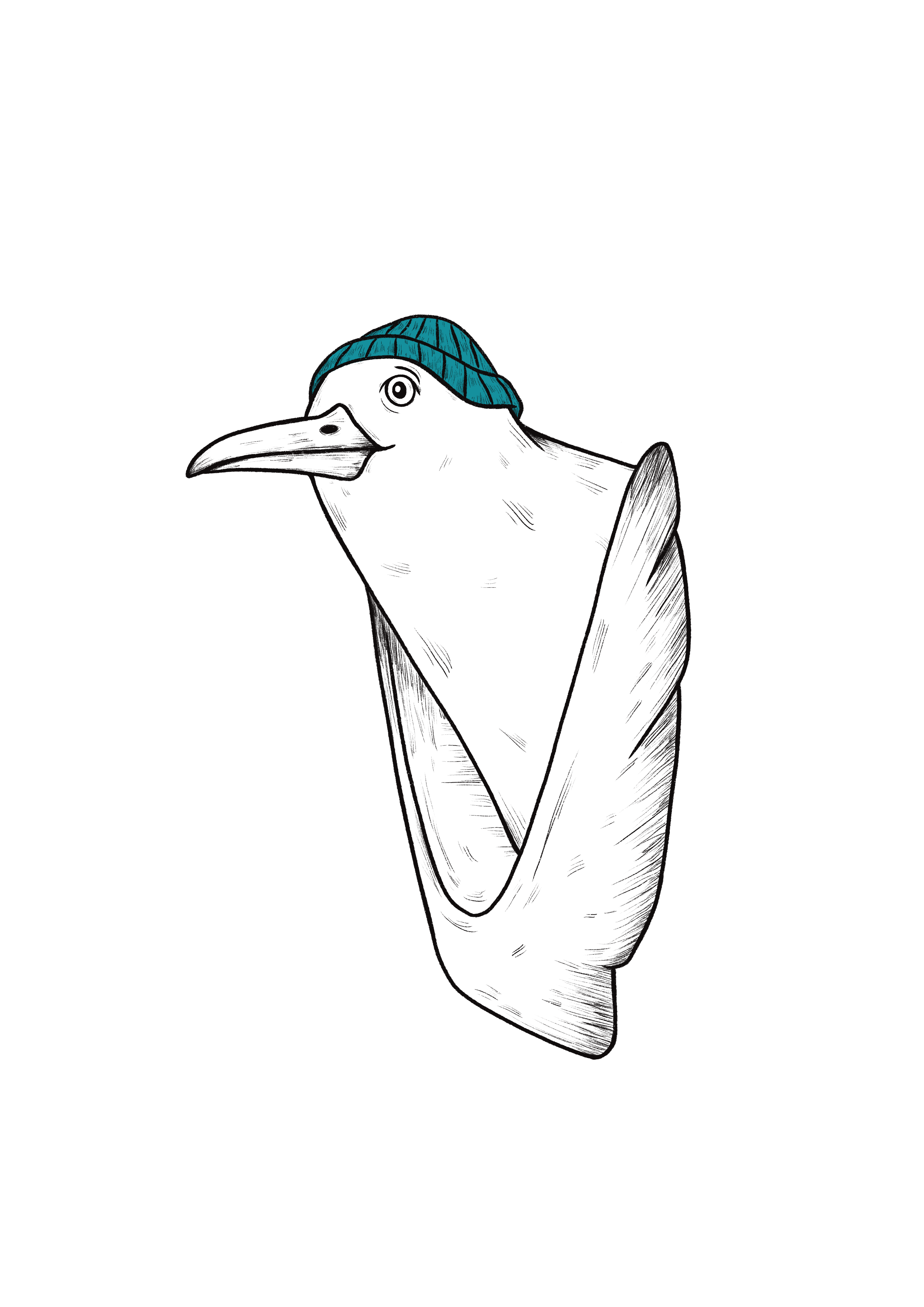 Ein gezeichnetes, fliegendes weißes Vogelwesen mit einem türkisfarbenen Mützchen auf dem Kopf. Der Hintergrund ist schwarz, was den Vogel in den Vordergrund rückt. Der Stil ist skizzenhaft und minimalistisch.